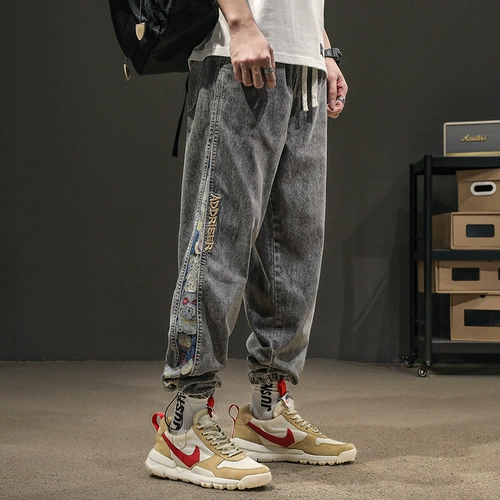 Осенние джинсы, ретро штаны, оверсайз, с вышивкой