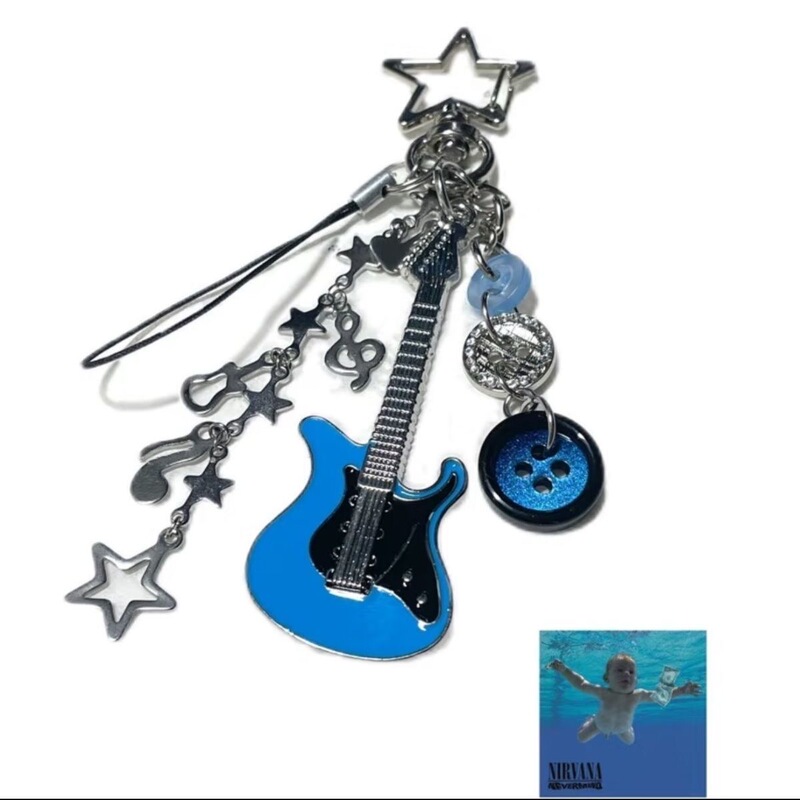 [Blue Nirvana Guitar] Rock Electric Guitar Niche Star Note Button Beaded Handmade Keychain Hanging Chain