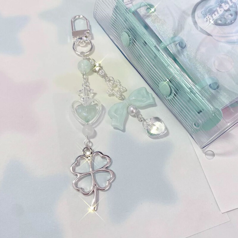 【Milk Green Four-Leaf Clover】Ccd Lanyard Handmade Beaded LAOSHU Girly Heart ins Keychain Cute Small Pendant Chain