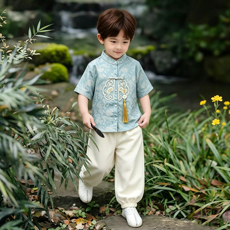 Children's Hanfu for Boys, Summer New Chinese Style Little Gentleman Handsome Tang Suit Two-Piece Set, Boy Baby Chinese Style Outfit