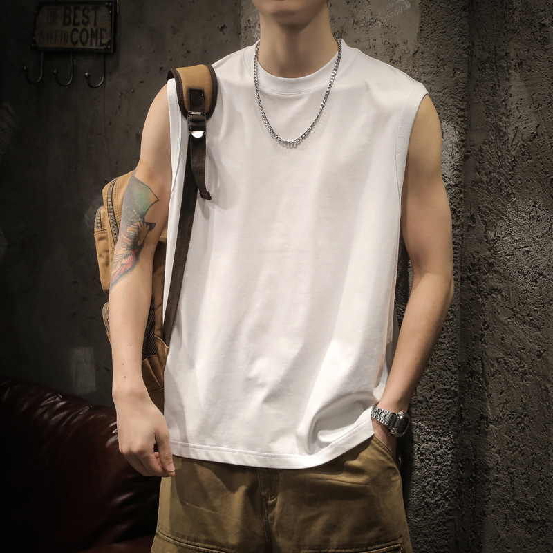 American-Style Heavyweight Sports Vest for Men, Summer Trendy Brand, White Loose Sleeveless Vest, Pure Cotton Fitness Short-Sleeve T-Shirt