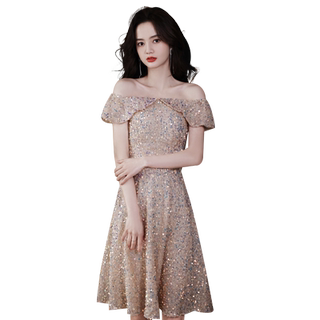 Socialite sequined champagne gold short evening dress