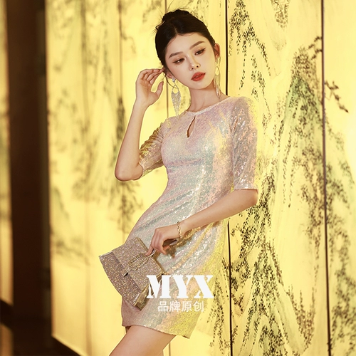 Вечернее платье, элитные короткие блестки для ногтей, новая коллекция, с акцентом на бедрах