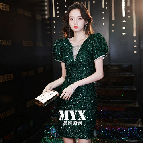 Элитное вечернее платье, зеленые короткие элегантные блестки для ногтей, французский стиль, легкий роскошный стиль, изысканный стиль