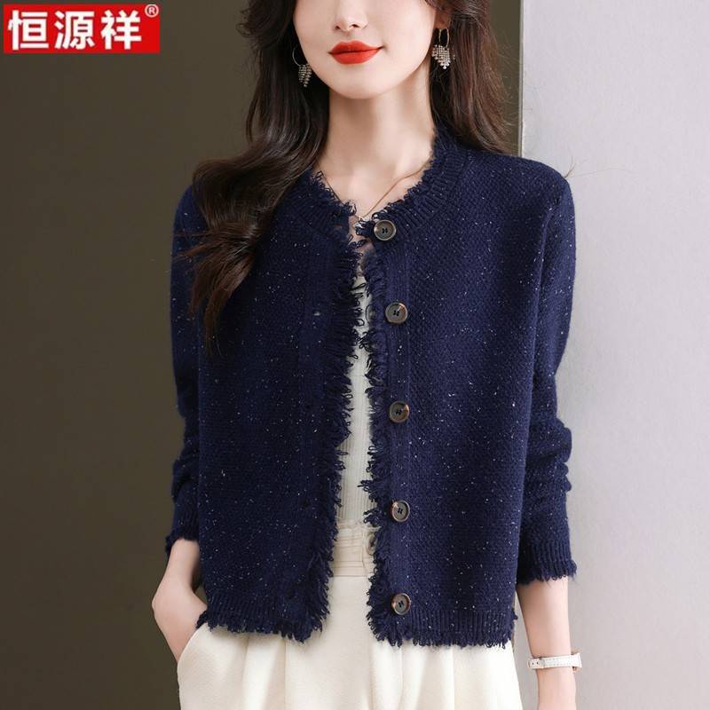 Hengyuanxiang 100% Pure Wool Sweater for Women, Short Knit Cardigan, Outerwear, Short Top for Petite Women