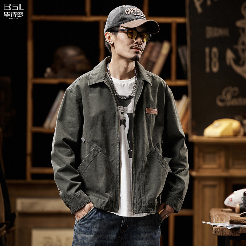 American-Style Heavy Canvas Jacket for Men, Spring Trendy Brand Casual Retro Oversized Biker Workwear Jacket for Men, Spring and Autumn Style
