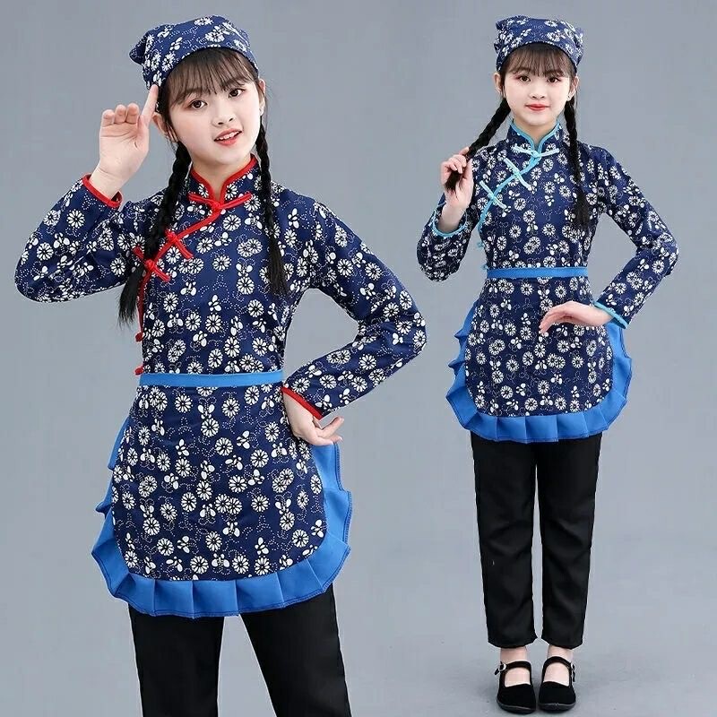 Village Girl Ah Qing's Floral Performance Costume, Rural Ethnic Dance Tea-Picking Woman Outfit, Republic of China Farmer Clothing, Hakka