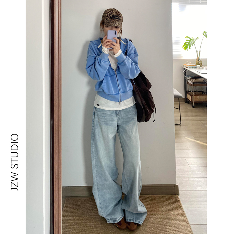 Spring New Style Light Blue Whiskered Straight-Leg Jeans for Petite Women, Loose Fit, Slimming, Stylish, Floor-Length Wide-Leg Pants