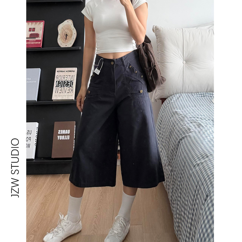 Jzwm American-Style Navy Blue Wide-Leg Cropped Pants for Women, New Summer Style, Loose Fit, Slimming Effect, Pear-Shaped Body, Straight-Leg Workwear Mid-Length Pants Jzwm American-Style Navy Blue Wide-Leg Cropped Pants for Women, New Summer Style, Loose Fit, Slimming Effect, Pear-Shaped Body, Straight-Leg Workwear Mid-Length Pants