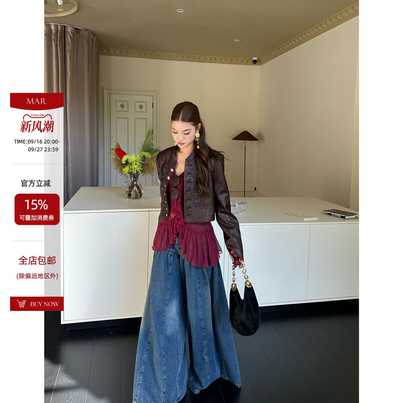 Mar Retro Heavy-Duty Custom-Dyed Embroidered Rope Pattern Metal Buckle Short Napoleon Jacket Cardigan for Women Mar Retro Heavy-Duty Custom-Dyed Embroidered Rope Pattern Metal Buckle Short Napoleon Jacket Cardigan for Women