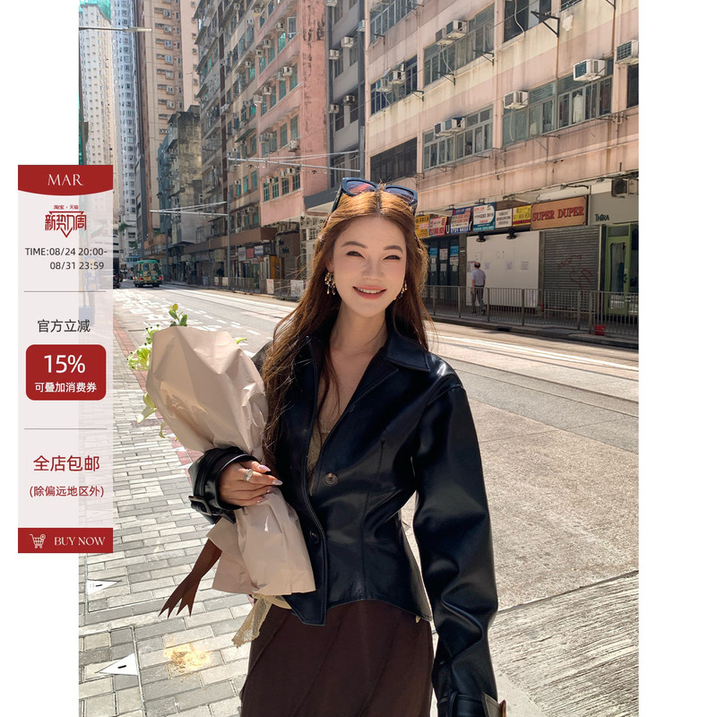 Mar Retro Style Black Silhouette Leather Jacket for Women Early Autumn New Short Waist-Cinching Lapel Biker Jacket Mar Retro Style Black Silhouette Leather Jacket for Women Early Autumn New Short Waist-Cinching Lapel Biker Jacket