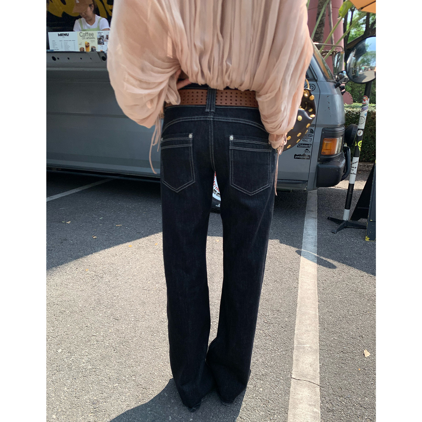 马儿MAR винтажные джинсы с контрастной строчкой женские весна-лето широкие прямые стройнящие свободные черные длинные брюки