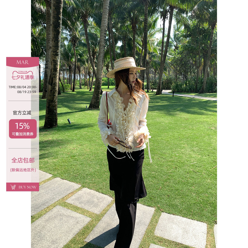 Mar Tencel Blend Three-Dimensional Floral Shirt for Women, Textured Lace Tie, Unique Slimming Long-Sleeve Top Mar Tencel Blend Three-Dimensional Floral Shirt for Women, Textured Lace Tie, Unique Slimming Long-Sleeve Top