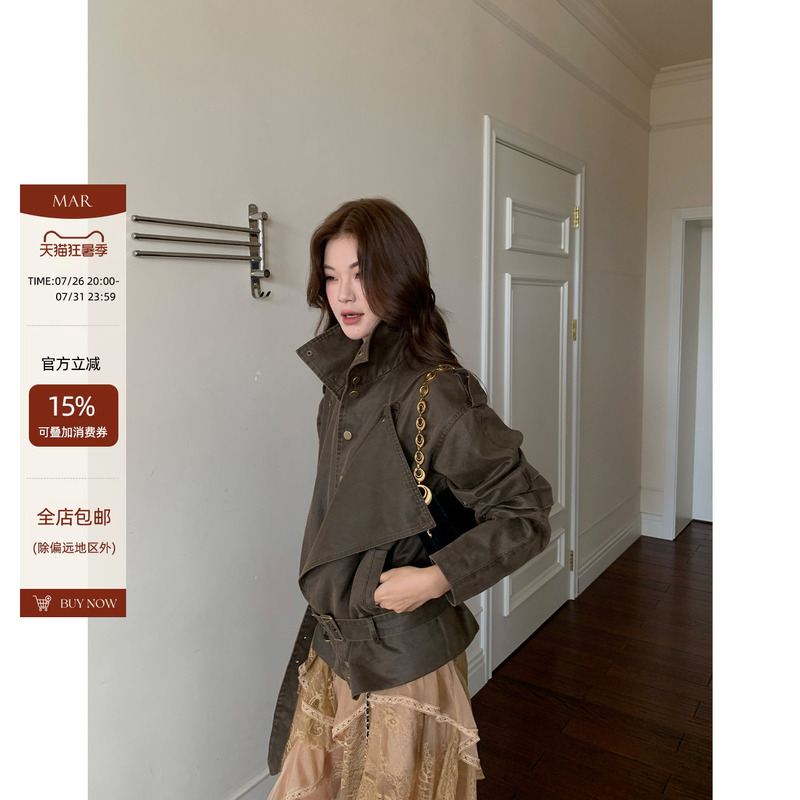 Mar Retro Washed Workwear Style Zip-Up Lapel Jacket for Women, Early Autumn New Style, Loose Fit with Waist Tie Mar Retro Washed Workwear Style Zip-Up Lapel Jacket for Women, Early Autumn New Style, Loose Fit with Waist Tie