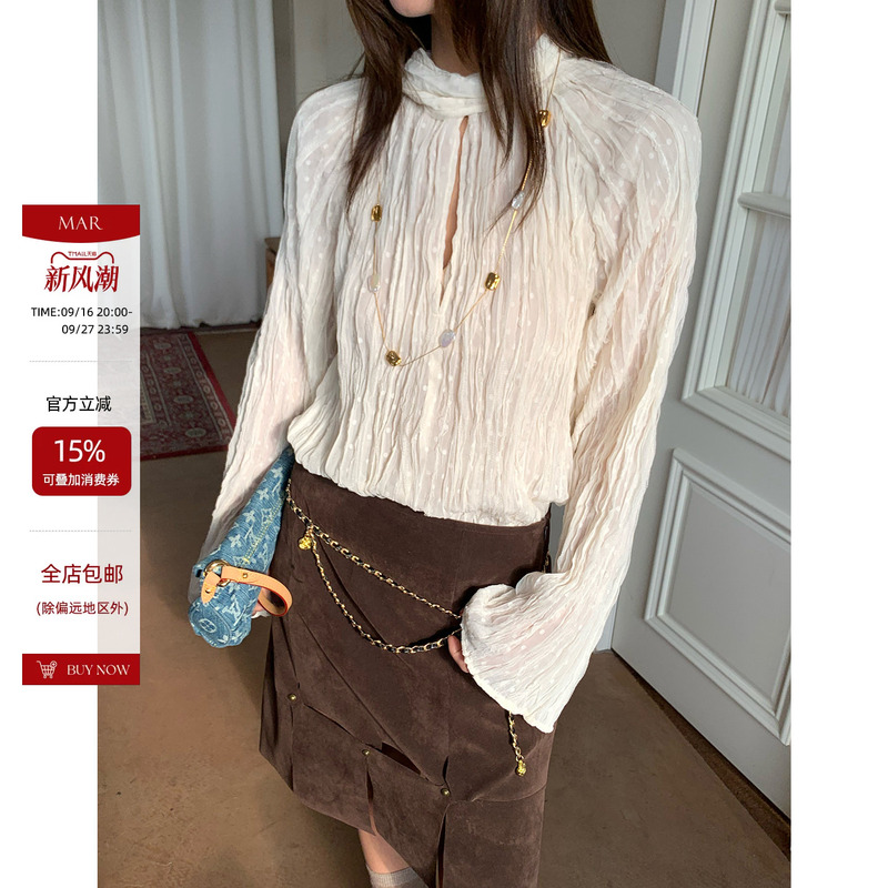 Mar Early Autumn New Design Sense Collar Tie Pleated Texture Shirt Women's Versatile Long Sleeve Top