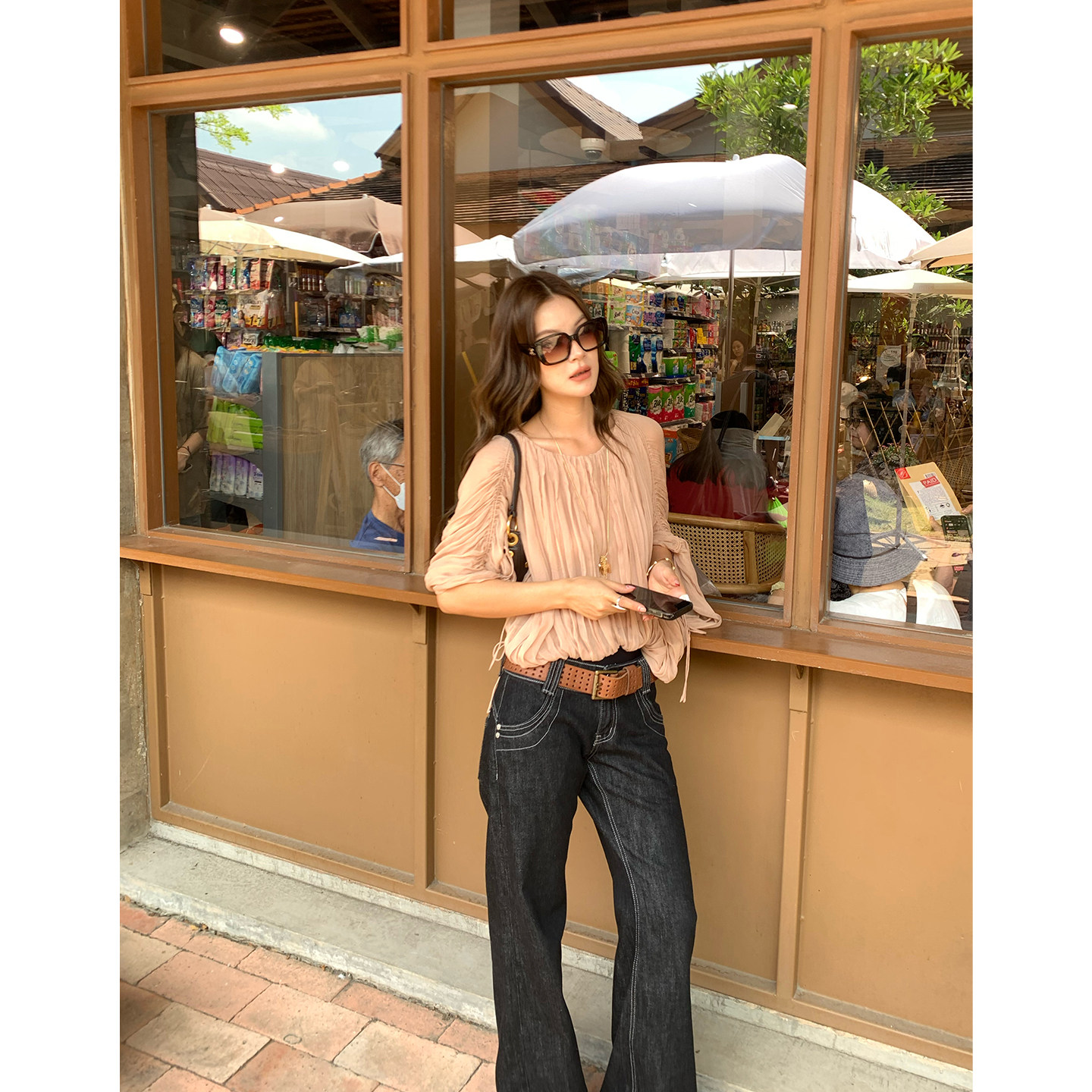 马儿MAR винтажные джинсы с контрастной строчкой женские весна-лето широкие прямые стройнящие свободные черные длинные брюки