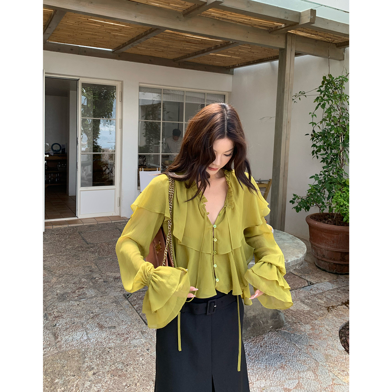 Mar French-Style Ruffled Lace-Up Collar Long-Sleeve Shirt for Women, Slimming and Unique Chiffon Top Mar French-Style Ruffled Lace-Up Collar Long-Sleeve Shirt for Women, Slimming and Unique Chiffon Top