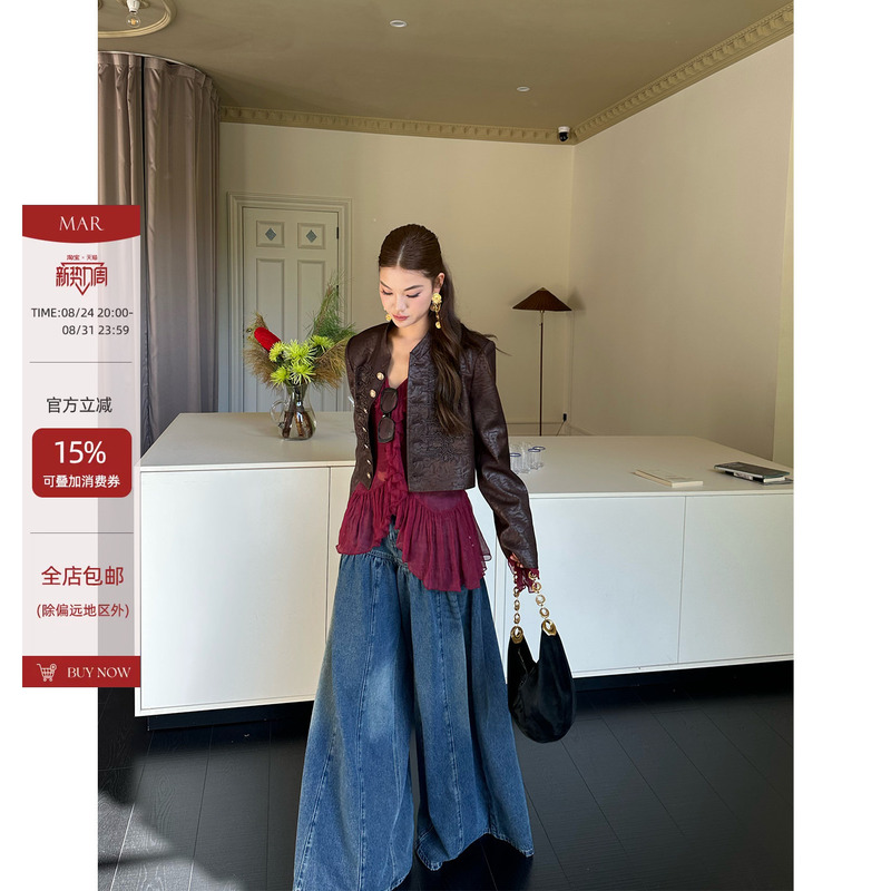 Mar Retro Heavy-Duty Custom-Dyed Embroidered Rope Pattern Metal Buckle Short Napoleon Jacket Cardigan for Women Mar Retro Heavy-Duty Custom-Dyed Embroidered Rope Pattern Metal Buckle Short Napoleon Jacket Cardigan for Women