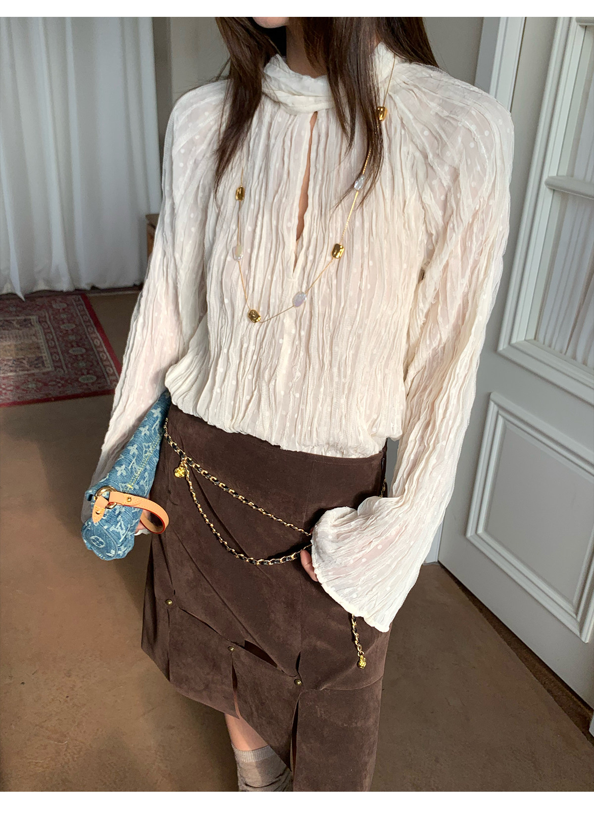 马儿MAR весенне-летняя женская рубашка с завязками на воротнике и складками, длинный рукав