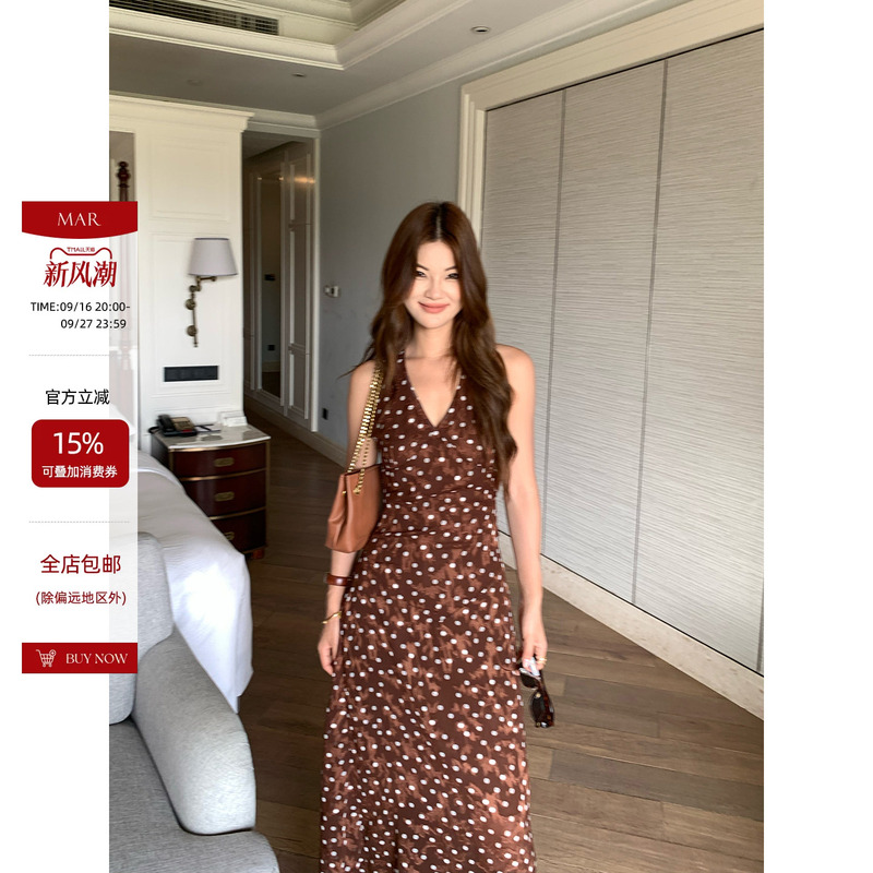 Mar Retro V Neck Jacquard Textured Polka Dot Dress for Women Summer Waist-Cinching Strapless Sleeveless Long Dress