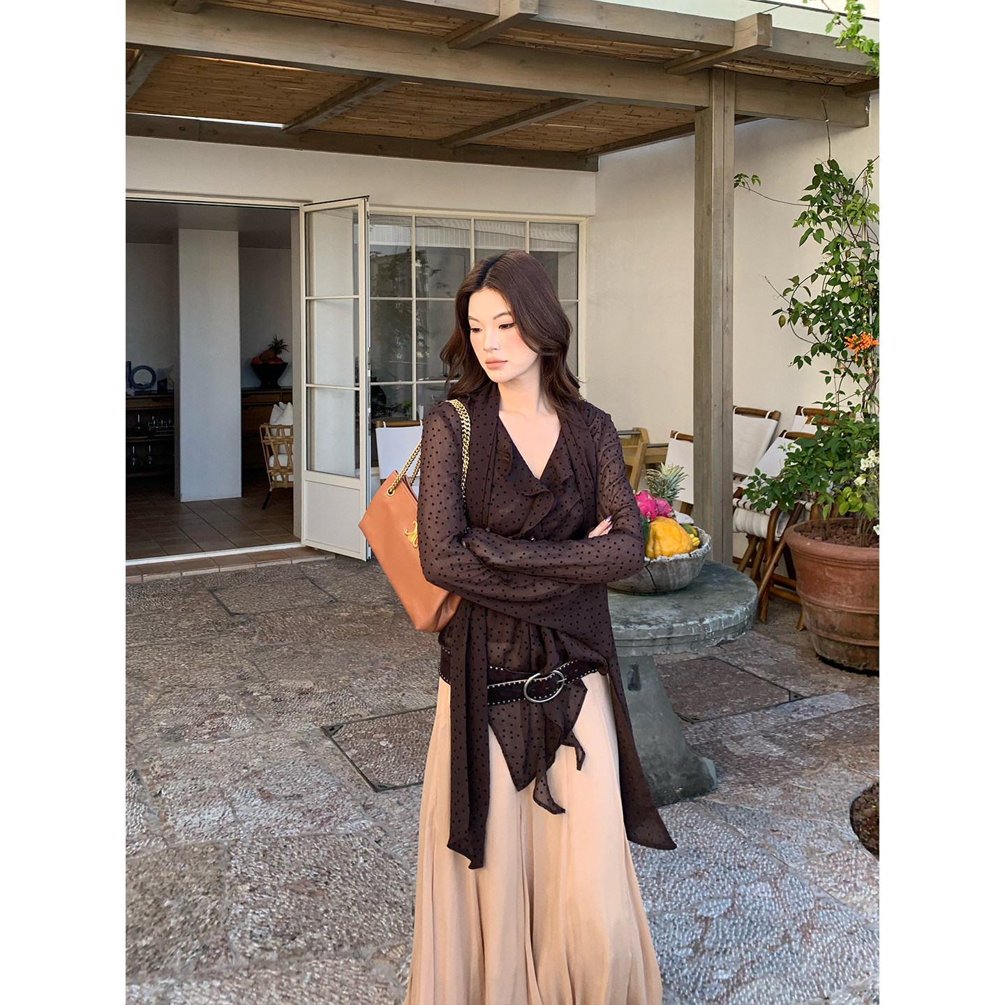 马儿MAR французская ретро блузка с лентами V-образным вырезом в горошек длинный рукав женская дизайнерская приталенная элегантная рубашка