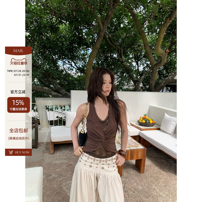 Mar Retro Design Tencel Blend Lace Patchwork Twist V-Neck Tank Top for Women, Summer Slimming Top