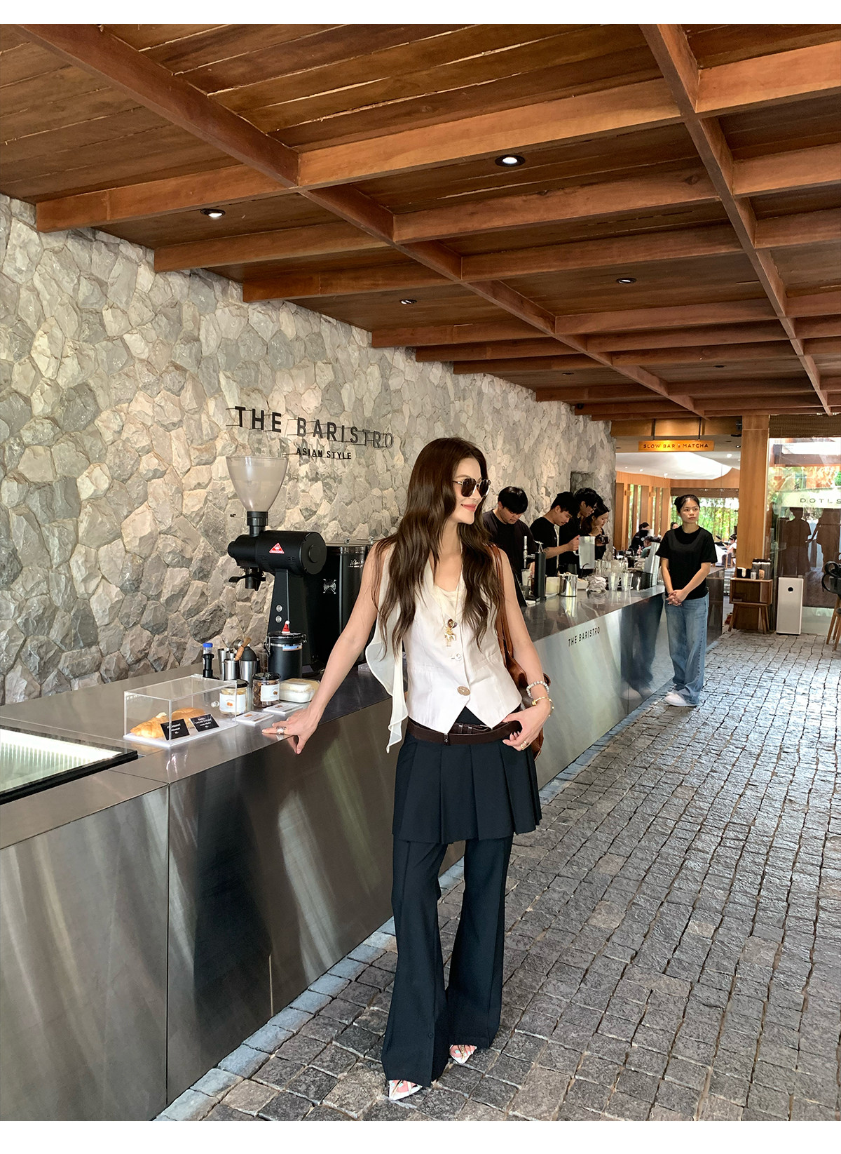 马儿MAR женские повседневные брюки с имитацией двухслойности и плиссированной задней вставкой, черные, стройнящие, универсальные, длинные с разрезами