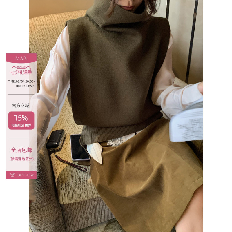 Mar Retro Lazy Style Turtleneck Sweater Vest for Women, Autumn and Winter Layered Sleeveless Vest Knitted Top