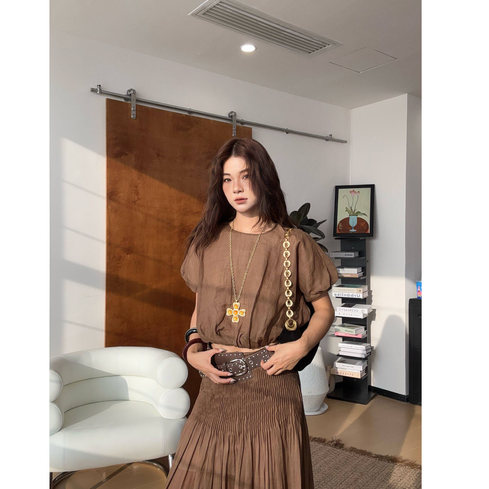 MAR летний новый ретро льняной повседневный комплект из двух предметов с короткими рукавами и плиссированной юбкой с поясом для женщин