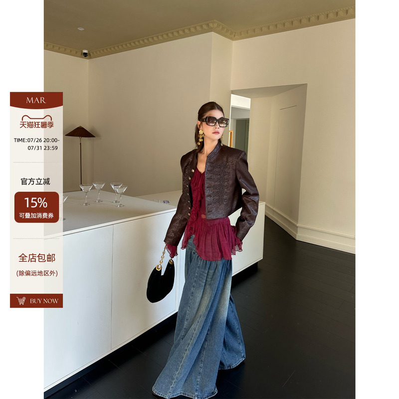 Mar Retro Heavy-Duty Custom-Dyed Embroidered Rope Pattern Metal Buckle Short Napoleon Jacket Cardigan for Women Mar Retro Heavy-Duty Custom-Dyed Embroidered Rope Pattern Metal Buckle Short Napoleon Jacket Cardigan for Women