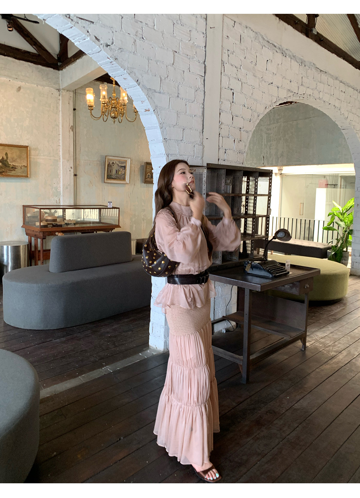 马儿MAR Рубашка с объемной вышивкой длинный рукав с приталенной плиссированной длинной юбкой элегантный костюм для женщин