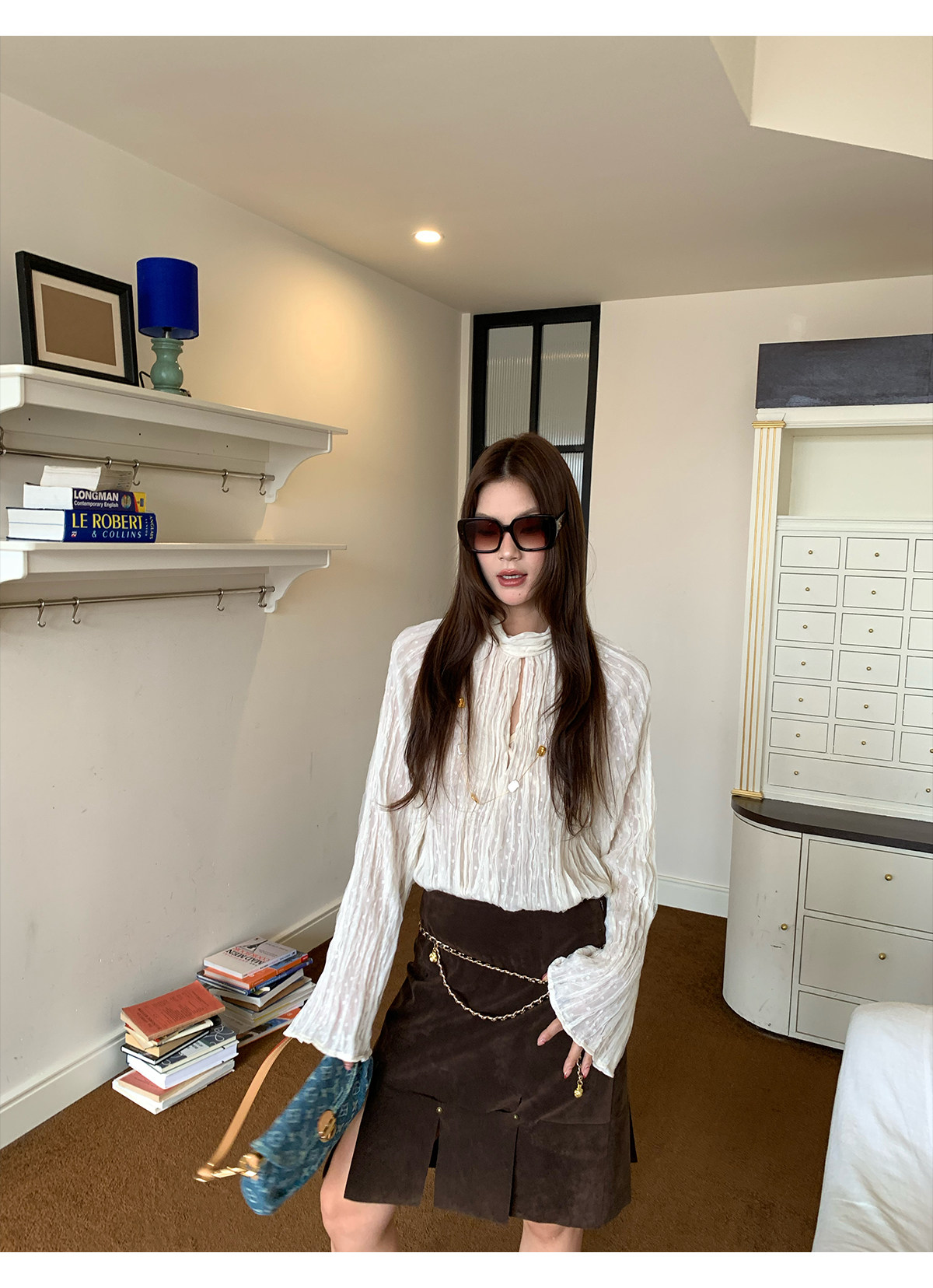 马儿MAR весенне-летняя женская рубашка с завязками на воротнике и складками, длинный рукав