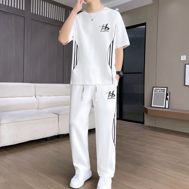 Summer Casual Sportswear Suit for Men, Fashionable Short-Sleeved Long Pants, Summer Youth Men's Clothing Set, Stylish and Handsome