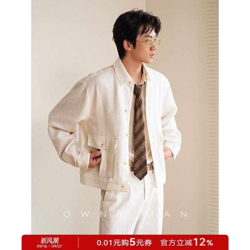 Linen Blend Ownr Off-White Loose Retro Short Jacket Men's 2026 Spring Old Money Style Casual Coat Linen Blend Ownr Off-White Loose Retro Short Jacket Men's 2026 Spring Old Money Style Casual Coat