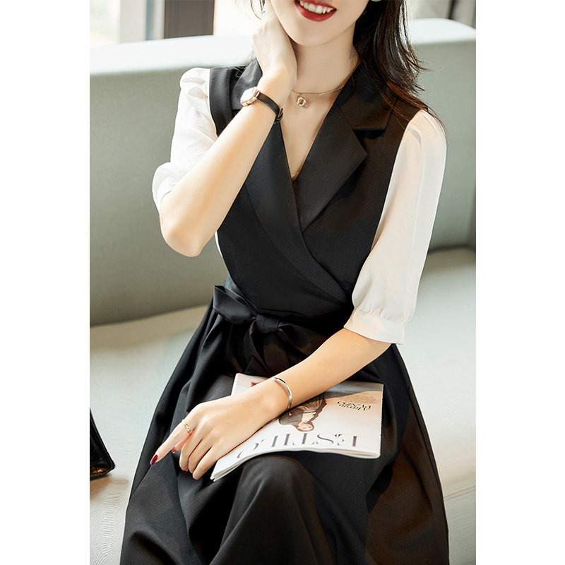 Various occasions Real wear the beauty Temperament 2022 Summer New Lacing Collection Waist Display Slim Workplace Suit Foreign Dress