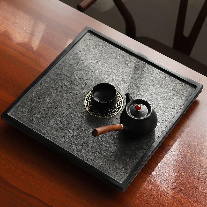 Natural black stone tea tray small tea table household kung fu tea set embedded tea table fire stone tea tray customization