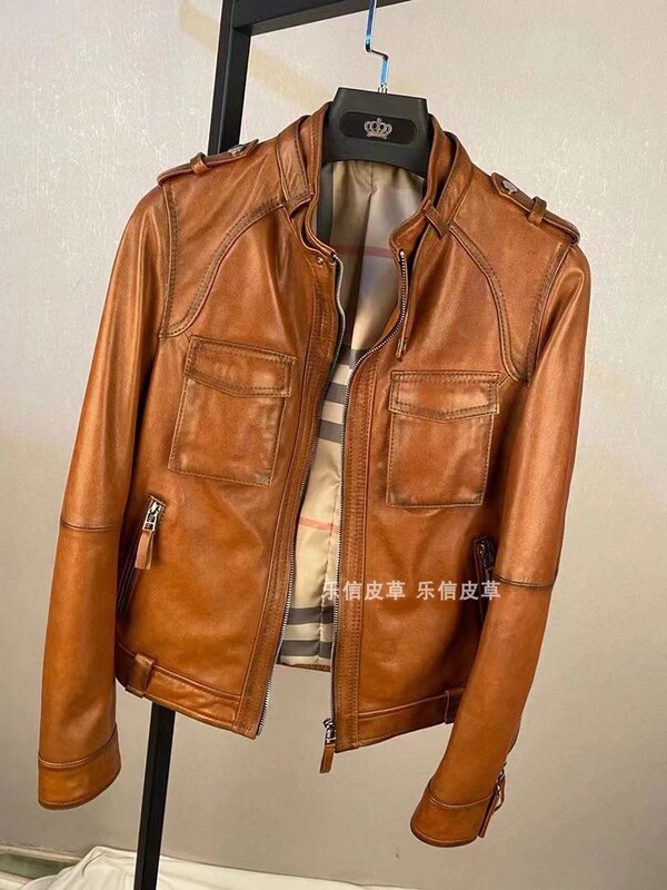 Haining Spring and Autumn New Genuine Leather Jacket for Women, Distressed Vegetable-Tanned Leather Vintage Short Motorcycle Jacket, Stand Collar Slimming Trendy
