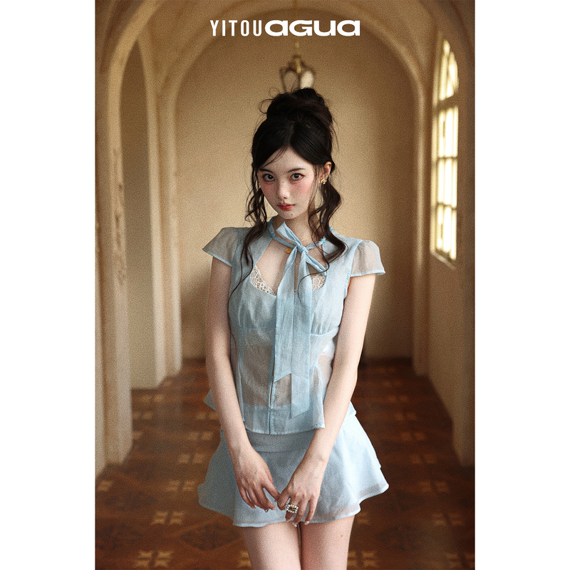 Agua Neon Vitality Bomb Series 2026 Fresh Ice Blue Slightly Sheer Lace-Up Slim Fit Short Shirt
