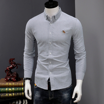 Spring embroidered shirt mens long-sleeved Korean version of the trend mens cotton gray shirt mens handsome casual large size inch shirt