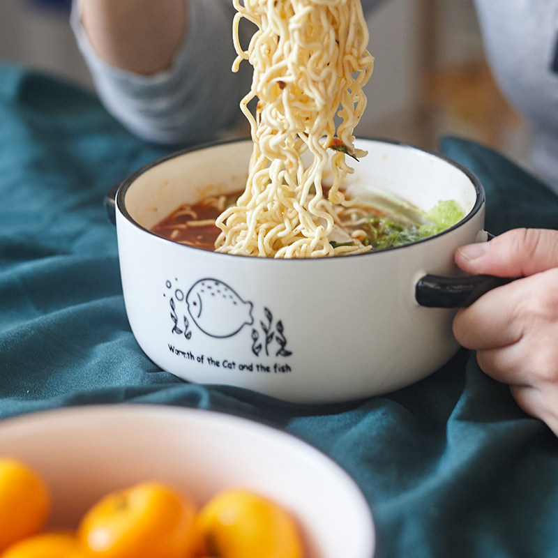 Bowl With Lid Sub ceramic Bowl with handle Covered Bowl with lid Blister Noodle Bowl Student Hostel user with no scalding and cute