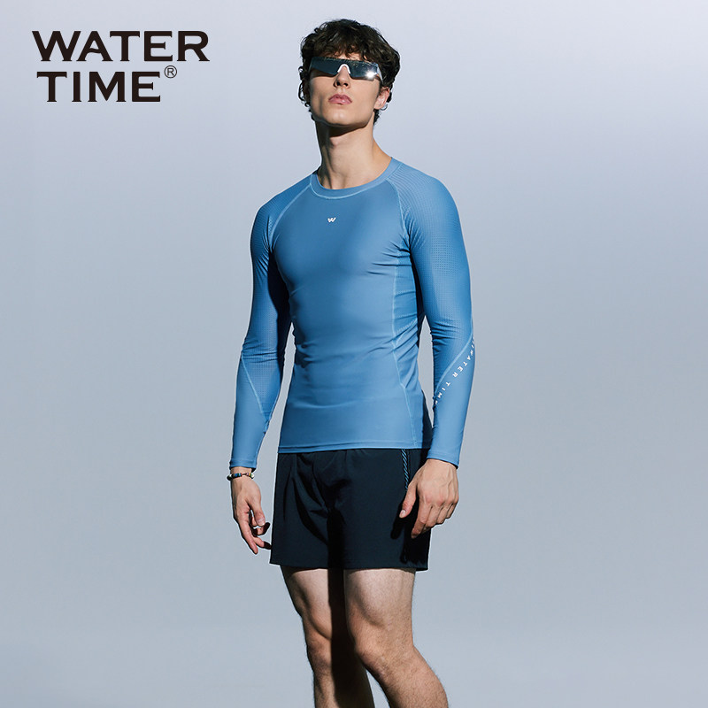 WaterTime男士泳衣袖身拼接网眼上衣长袖速干2025新款夏季泳裤男