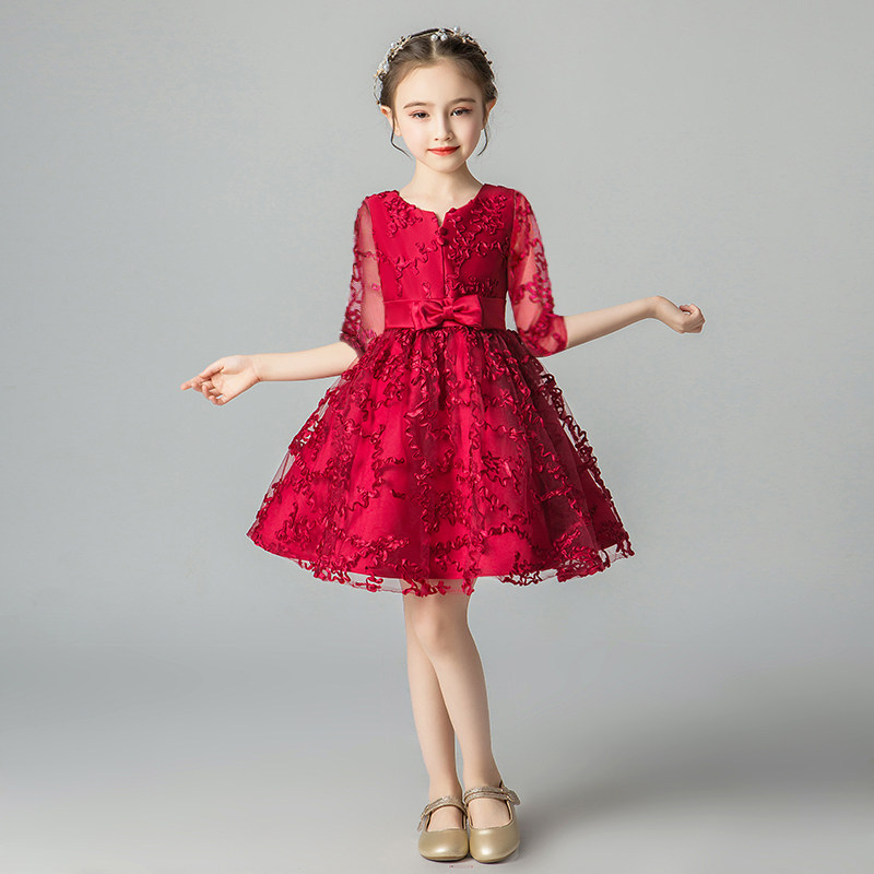 Flower child wedding dress little girl princess skirt red dress foreign atmosphere children girls fluffy yarn small host performance dress