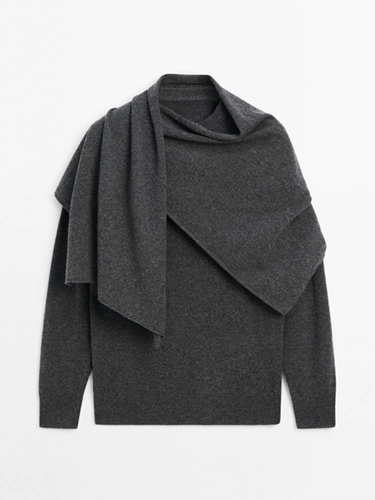 Женский зимний зимний минималистичный серый свитер в стиле старых денег MD с шарфом, свитер из смесовой шерсти 05740631802