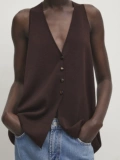 Женская трикотажная жилетка без рукавов MD Mailard Brown Old Money Style с глубоким v-образным вырезом 05744686716