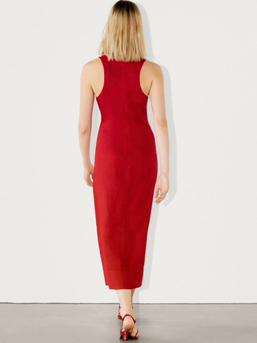 MD женское элегантное и классное льняное платье средней длины без рукавов в минималистском стиле с круглым вырезом 06696100712