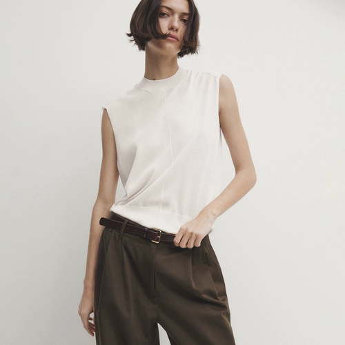 Весенняя элегантная минималистичная трикотажная футболка без рукавов, французский стиль, высокий воротник