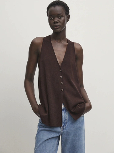 Женская трикотажная жилетка без рукавов MD Mailard Brown Old Money Style с глубоким v-образным вырезом 05744686716