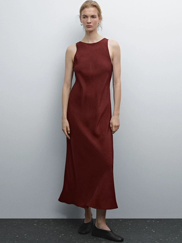 Коричневое платье без рукавов, изысканный стиль, длина миди, с открытой спиной