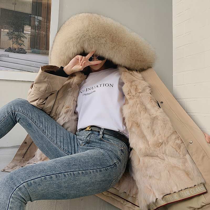 Haining 2025 Winter Style Fox Fur Parka for Women, Fur-Lined Mid-Length Parka Coat with Detachable Young Style