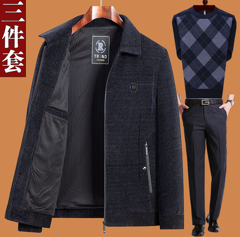 Dad's Autumn Outfit Set for 50-60 Year Old Men, Spring, Autumn, and Winter, Middle-Aged and Elderly Men, 70-Year-Old Grandfather, Thick Woolen Jacket